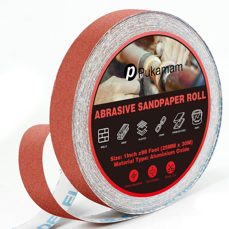 Pukamam Emery Cloth Roll, 150 Grit Sandpaper Roll, 1" x 98 Feet Long Red Continuous Sand Paper Roll, Wet and Dry Emory Cloths for Metal, Polishing and Surface Treatment of Wood,Furniture - Image 1